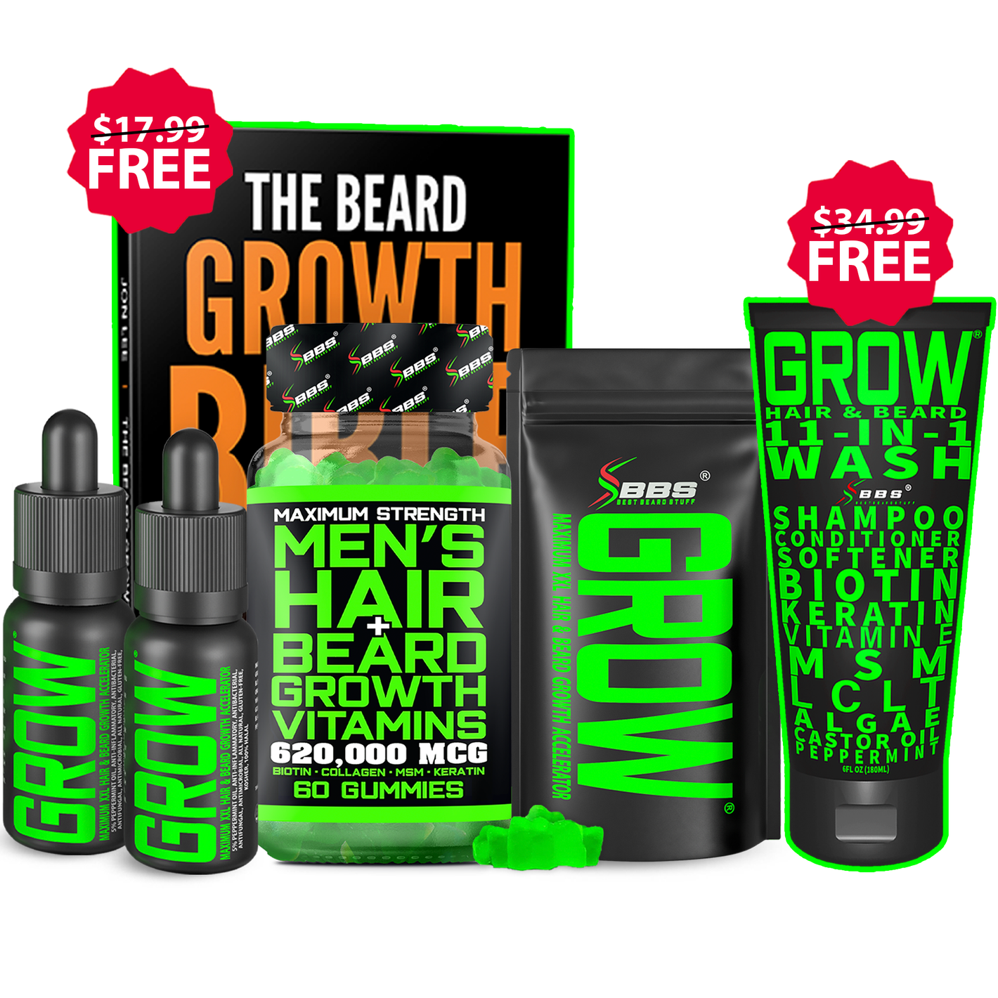 Complete Beard Growth Kit - (2) Bottles of GROW® XXL + (1) MAXIMUM Strength Gummies + FREE Gifts